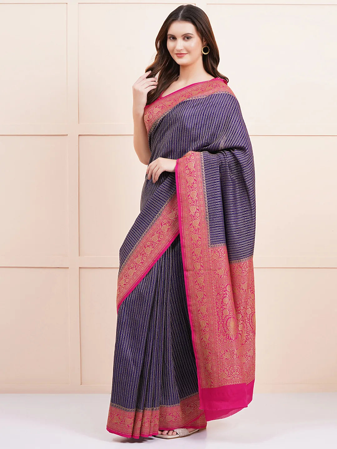 "Elegant pure Banarasi crepe silk saree with intricate designs, perfect for wedding wear and festive occasions, offering a luxurious feel and beautiful drape."