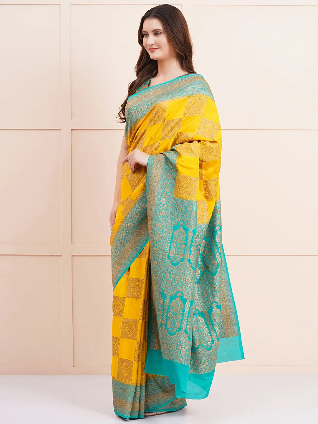 "Elegant pure Banarasi crepe silk saree with intricate designs, perfect for wedding wear and festive occasions, offering a luxurious feel and beautiful drape."