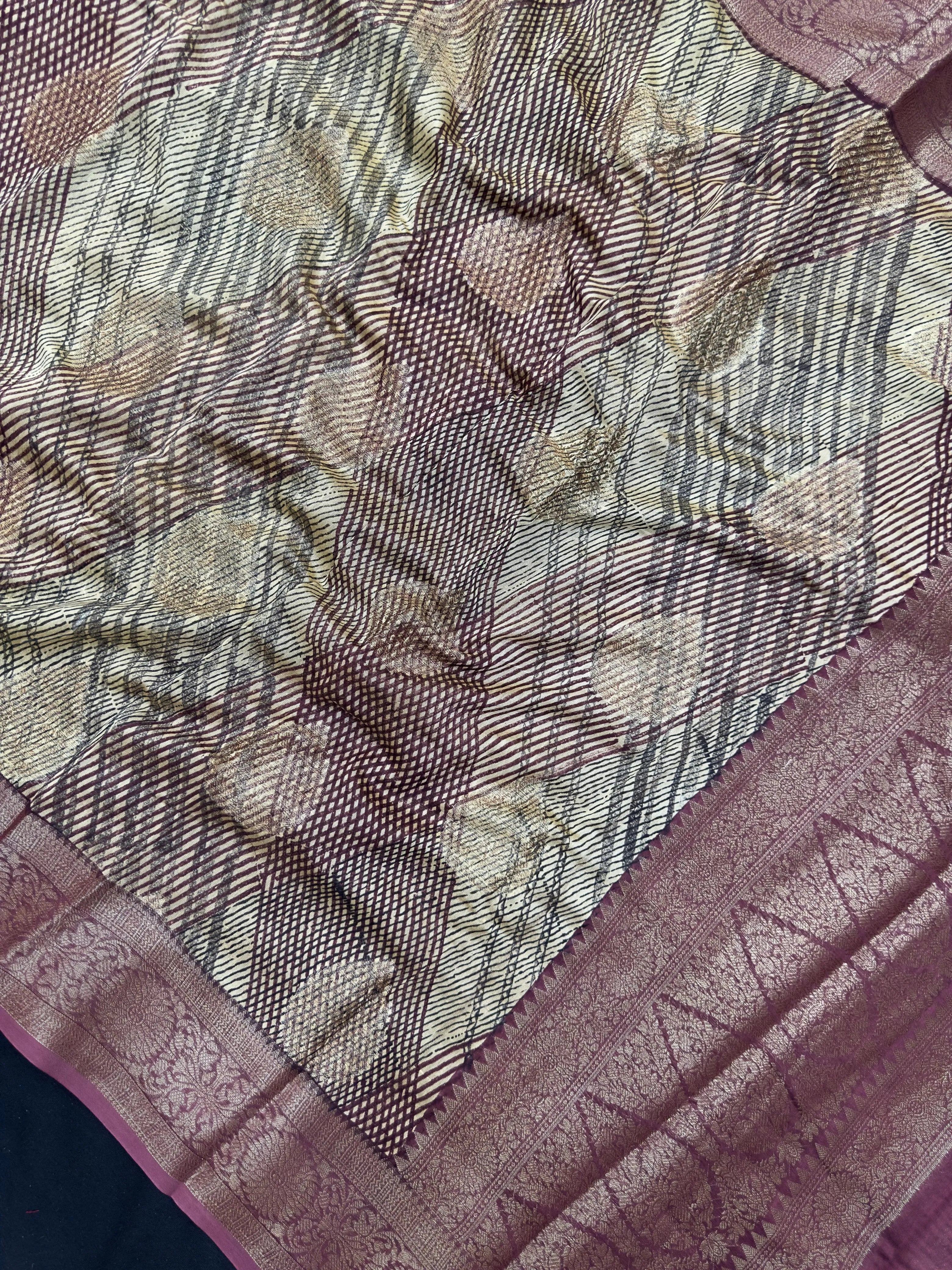 "Sleek Pure Chinya silk saree with intricate detailing, ideal for festive and wedding occasions, showcasing elegance and classic style."