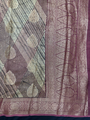 "Sleek Pure Chinya silk saree with intricate detailing, ideal for festive and wedding occasions, showcasing elegance and classic style."