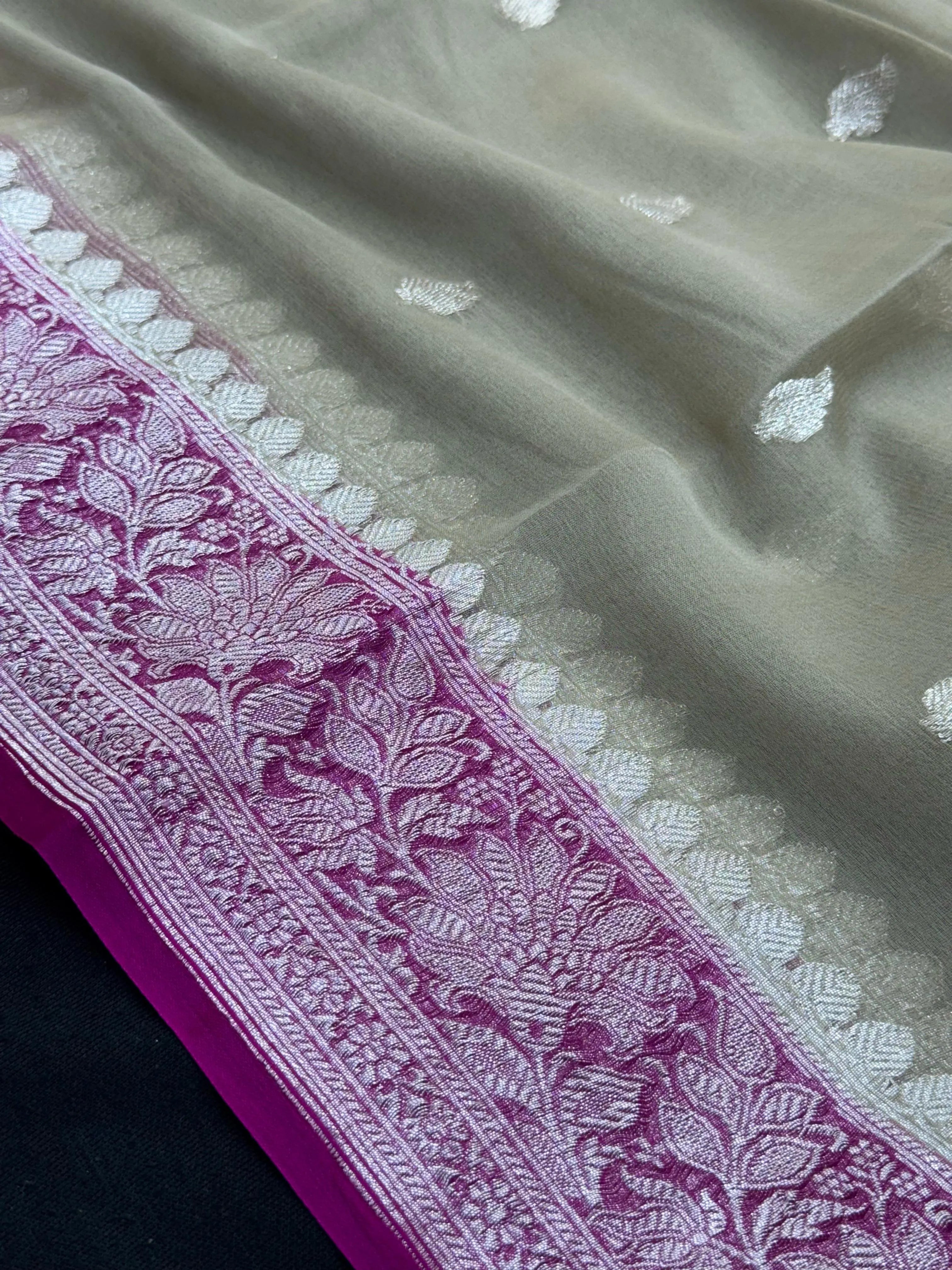 Woman draped in a Handloom Pure Khaddi Chiffon Silk Saree with golden zari work – traditional Indian ethnic wear