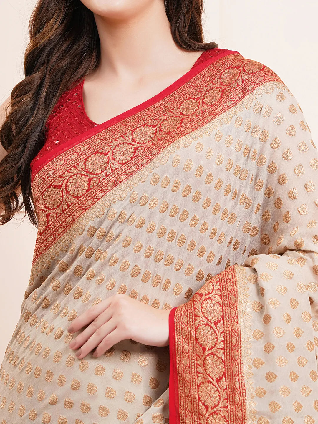 "Elegant pure Khaddi georgette silk saree, perfect for ethnic wear and wedding celebrations, offering a beautiful drape and intricate design for a sophisticated look."