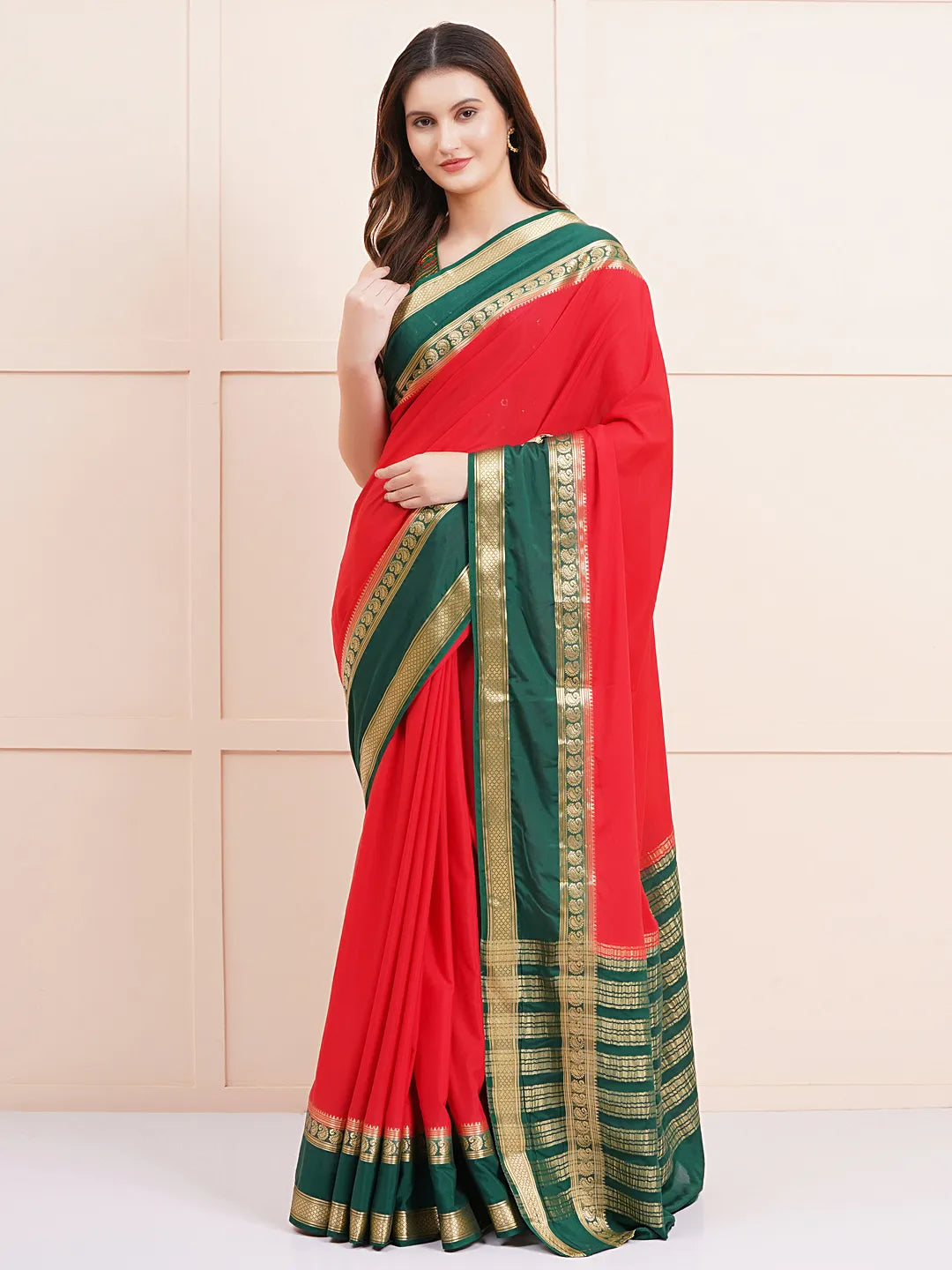 "Elegant red semi Mysore silk saree, perfect for everyday daily wear with soft, lightweight fabric and a timeless design for comfort and style."