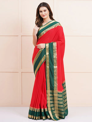 "Elegant red semi Mysore silk saree, perfect for everyday daily wear with soft, lightweight fabric and a timeless design for comfort and style."