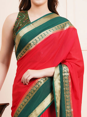 "Elegant red semi Mysore silk saree, perfect for everyday daily wear with soft, lightweight fabric and a timeless design for comfort and style."