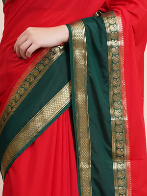 "Elegant red semi Mysore silk saree, perfect for everyday daily wear with soft, lightweight fabric and a timeless design for comfort and style."