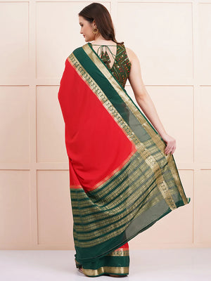 "Elegant red semi Mysore silk saree, perfect for everyday daily wear with soft, lightweight fabric and a timeless design for comfort and style."