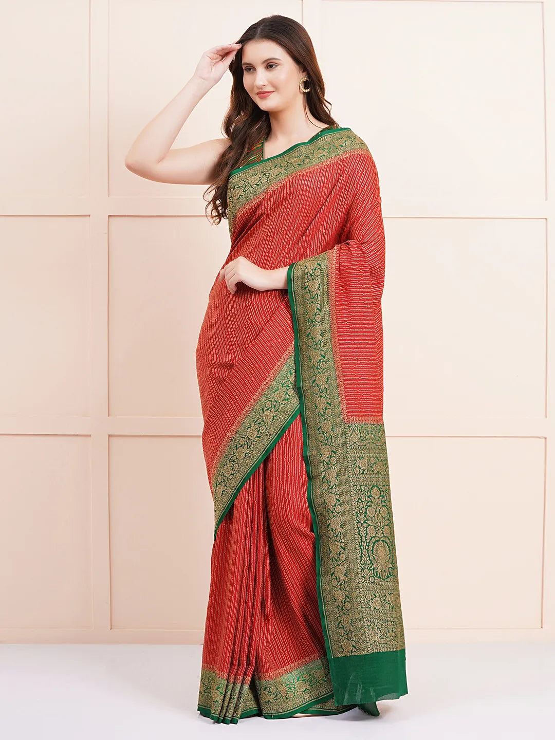 "Elegant pure Banarasi crepe silk saree with intricate designs, perfect for wedding wear and festive occasions, offering a luxurious feel and beautiful drape."
