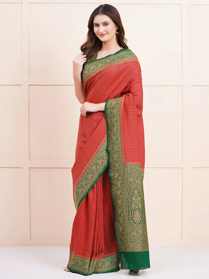 "Elegant pure Banarasi crepe silk saree with intricate designs, perfect for wedding wear and festive occasions, offering a luxurious feel and beautiful drape."