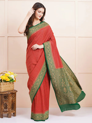 "Elegant pure Banarasi crepe silk saree with intricate designs, perfect for wedding wear and festive occasions, offering a luxurious feel and beautiful drape."
