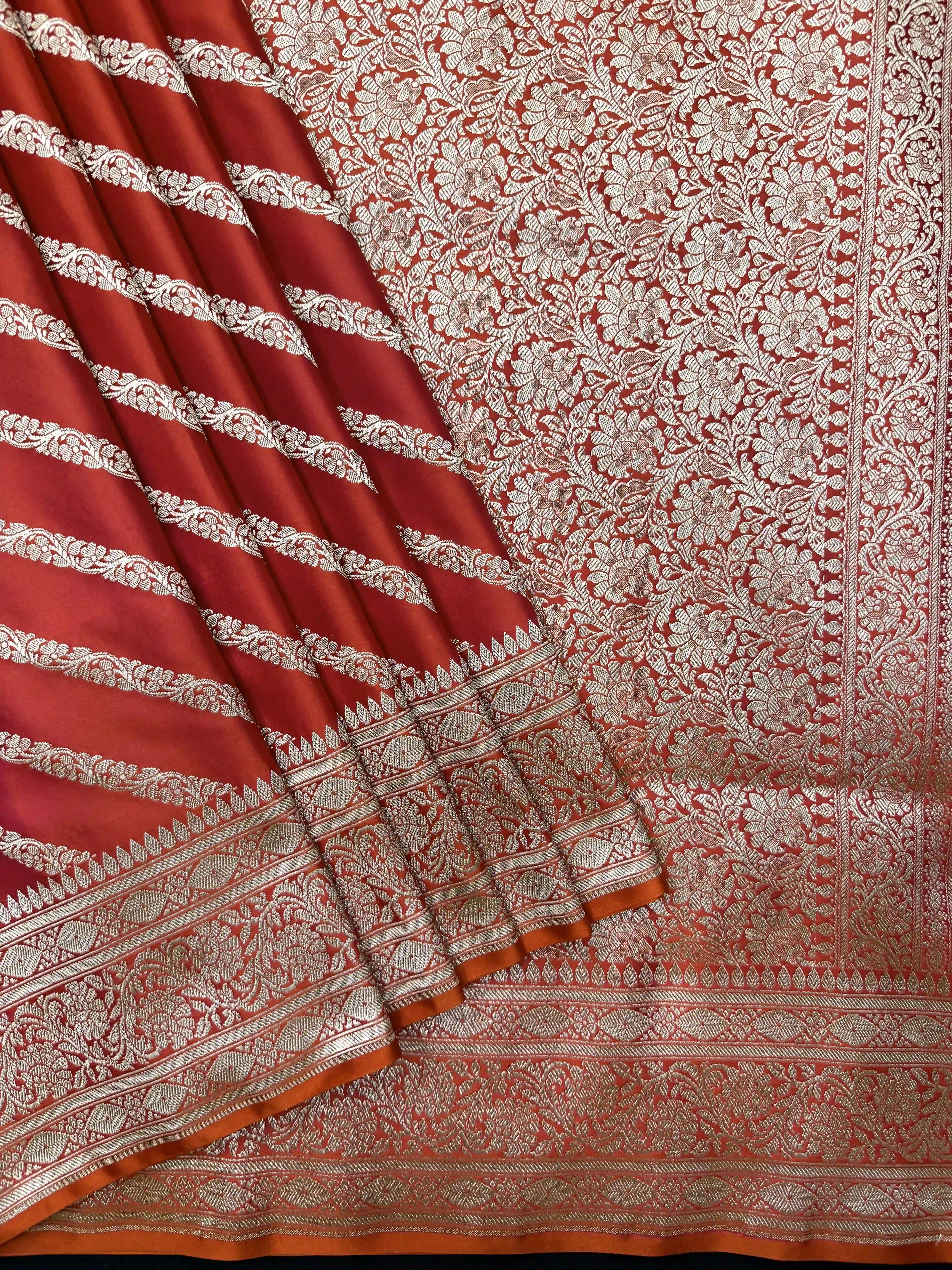 "Designer Venice Katan Satin Silk Saree with intricate Zari work, perfect for weddings and special occasions. Rich fabric and elegant craftsmanship."