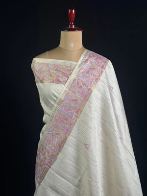 Geometric Embroidered Snow Net Saree