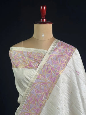 Geometric Embroidered Snow Net Saree