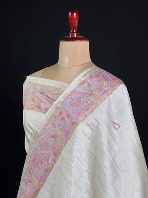 Geometric Embroidered Snow Net Saree