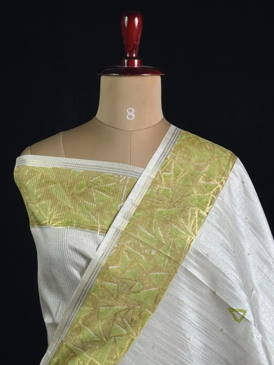 Geometric Embroidered Snow Net Saree