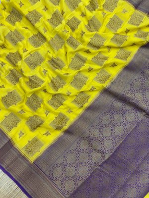 A beautifully draped Semi Banarasi Georgette Saree featuring intricate patterns and delicate weaving. The saree’s lightweight and breathable fabric ensures comfort, making it an ideal choice for daily wear. Perfectly blending traditional design with modern elegance, this saree is suitable for casual and formal occasions.