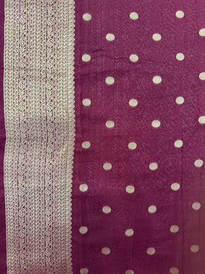 A beautifully draped Semi Banarasi Georgette Saree featuring intricate patterns and delicate weaving. The saree’s lightweight and breathable fabric ensures comfort, making it an ideal choice for daily wear. Perfectly blending traditional design with modern elegance, this saree is suitable for casual and formal occasions.