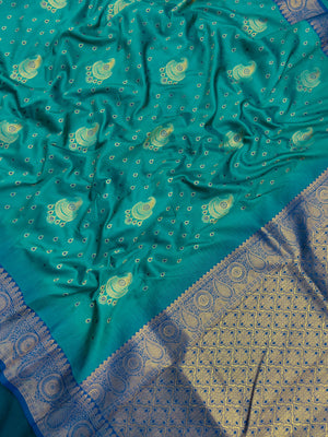 Semi Kanjivaram silk saree with rich zari border and traditional South Indian motifs – ideal for festive and wedding wear