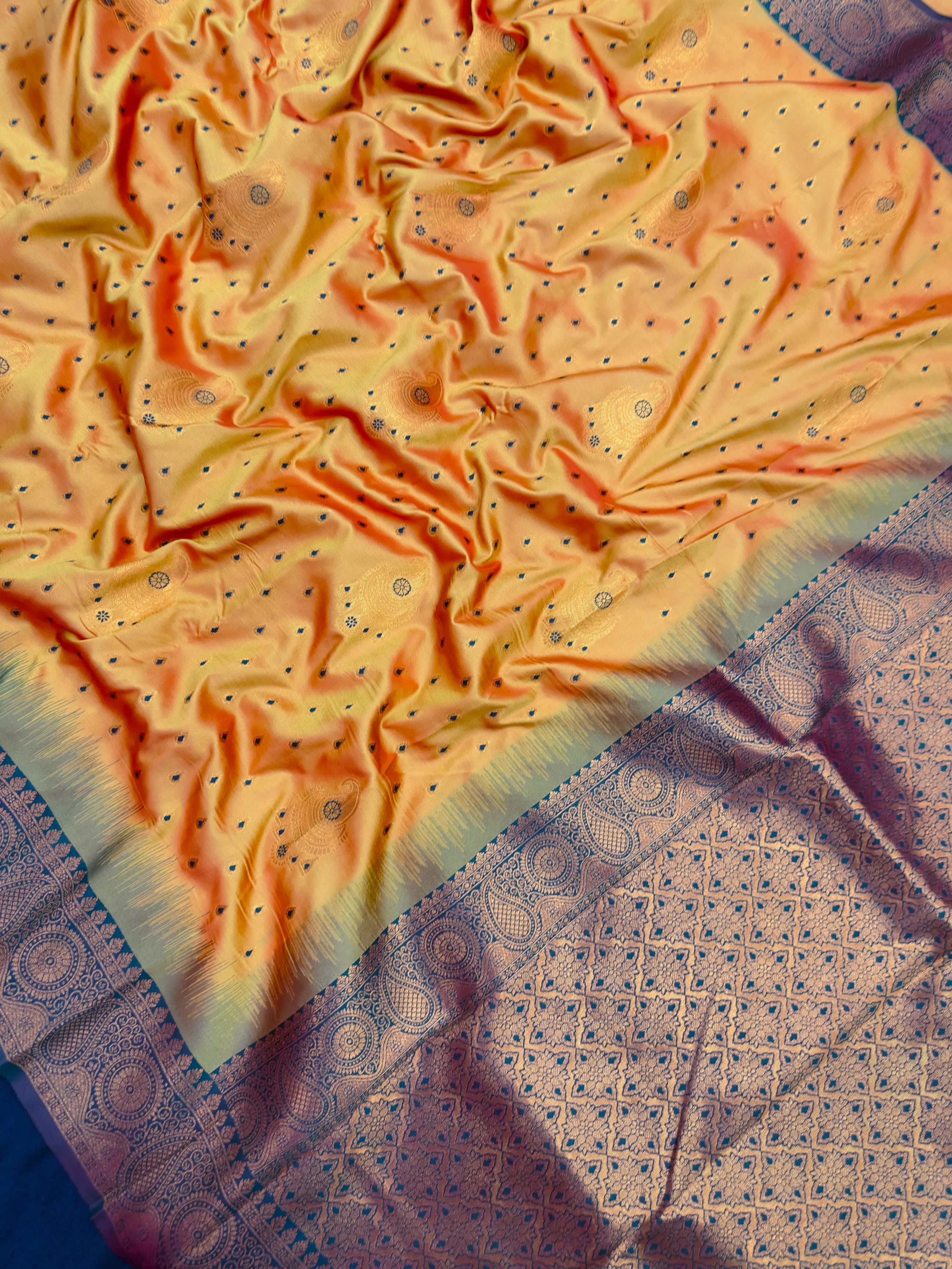 Semi Kanjivaram silk saree with rich zari border and traditional South Indian motifs – ideal for festive and wedding wear