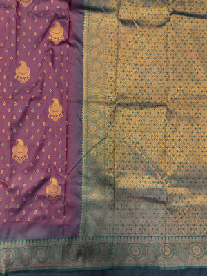 Semi Kanjivaram silk saree with rich zari border and traditional South Indian motifs – ideal for festive and wedding wear