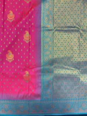 Semi Kanjivaram silk saree with rich zari border and traditional South Indian motifs – ideal for festive and wedding wear