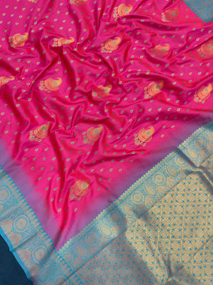Semi Kanjivaram silk saree with rich zari border and traditional South Indian motifs – ideal for festive and wedding wear