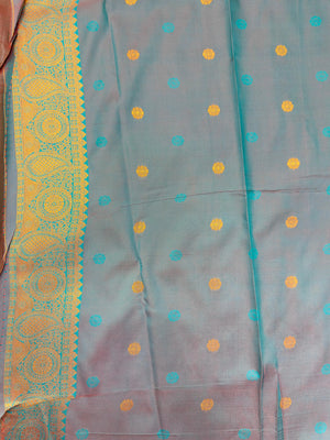 Semi Kanjivaram silk saree with rich zari border and traditional South Indian motifs – ideal for festive and wedding wear