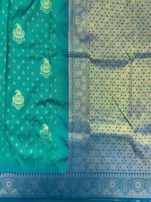 Semi Kanjivaram silk saree with rich zari border and traditional South Indian motifs – ideal for festive and wedding wear