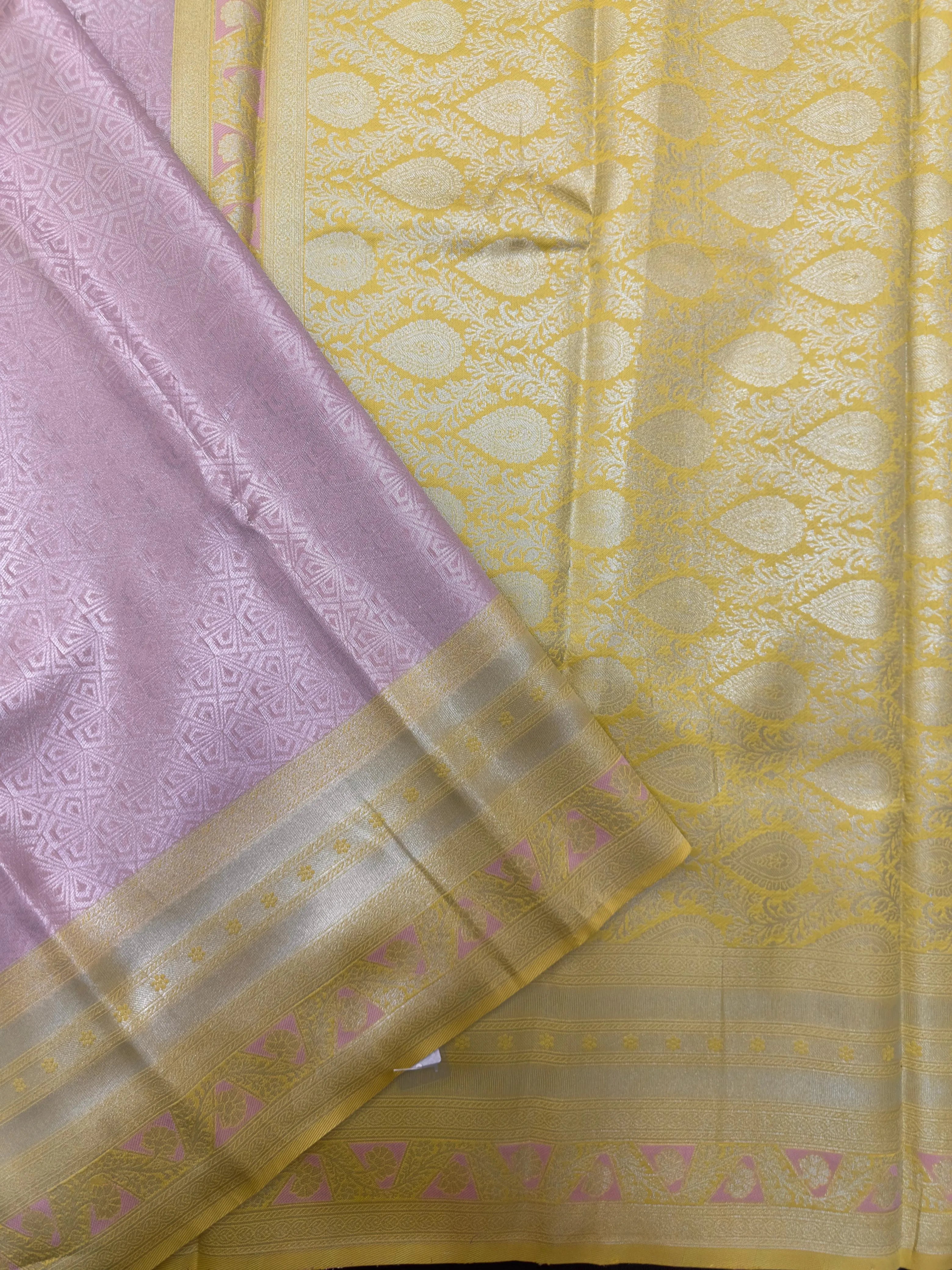"Luxury Semi Silk Kanjivaram Saree with Intricate Weave and Zari Work, Perfect for Weddings, Festivals, and Parties, Showcasing Timeless Elegance."