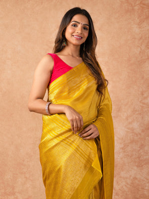 Woman wearing a Semi Silk Saree with lightweight drape and subtle shine, ideal for office wear, family gatherings, and festive occasions.