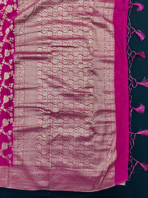 Woman wearing a Semi Chiffon Saree with lightweight, flowing fabric and subtle shine, perfect for weddings, parties, and office wear.