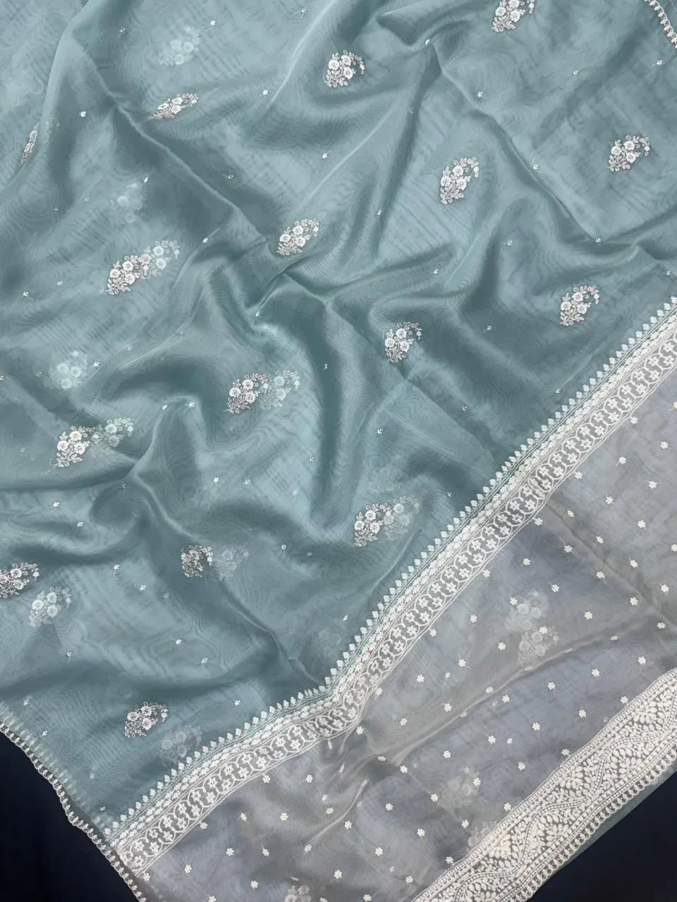 Elegant Organza Saree with Intricate Border – Lightweight & Stylish (Silver Tissue)