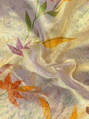 Woman in a shimmering Tissue Silk Saree with soft gold sheen, perfect for weddings and festive events.