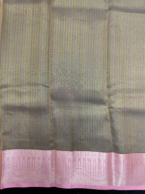 Woman in a shimmering Tissue Silk Saree with soft gold sheen, perfect for weddings and festive events.