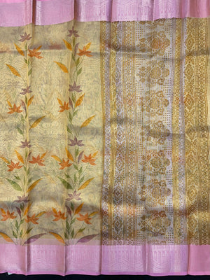 Woman in a shimmering Tissue Silk Saree with soft gold sheen, perfect for weddings and festive events.