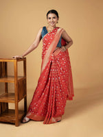 Load image into Gallery viewer, Banarasi Semi Khaddi Chiffon Saree With Brocket jaal In Red With Bottle Green