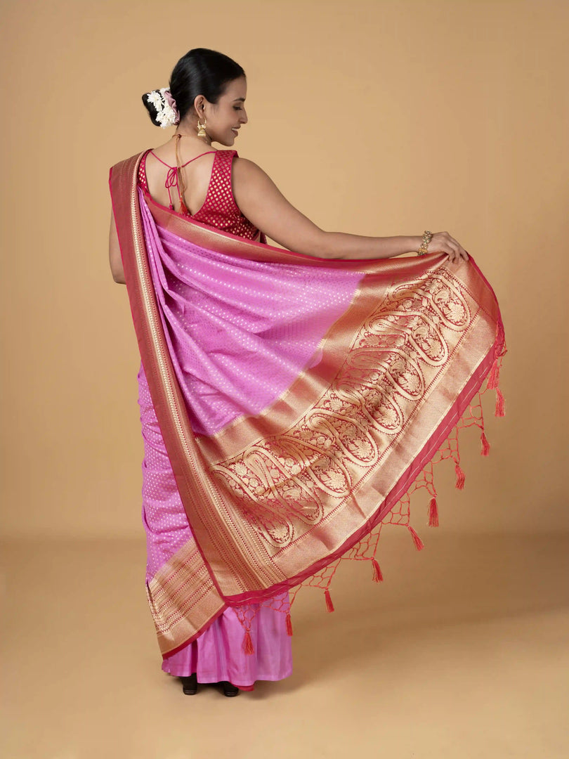 Banarasi Semi Khaddi Georgette Saree In Baby Pink With Kanchi Pink