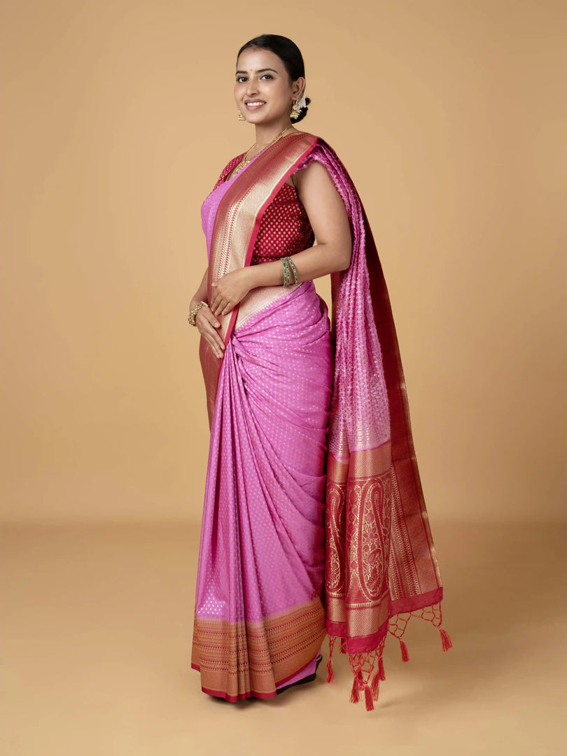 Banarasi Semi Khaddi Georgette Saree In Baby Pink With Kanchi Pink