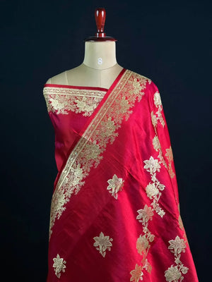 Banarasi Mashru Silk Saree with Exquisite Floral Embroidery and Ornate Border