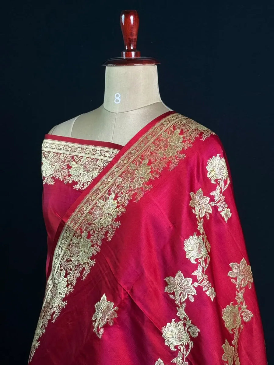 Banarasi Mashru Silk Saree with Exquisite Floral Embroidery and Ornate Border