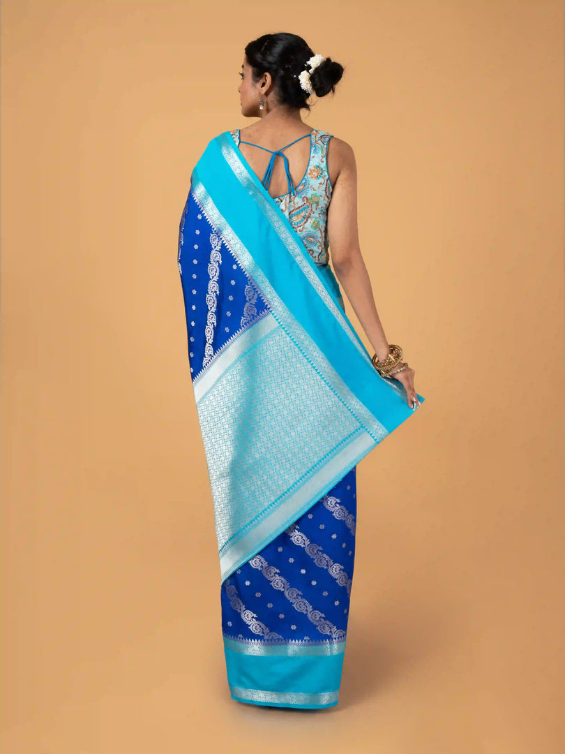 Banarasi Semi Katan Silk Saree In  Royal Blue With Sky Blue