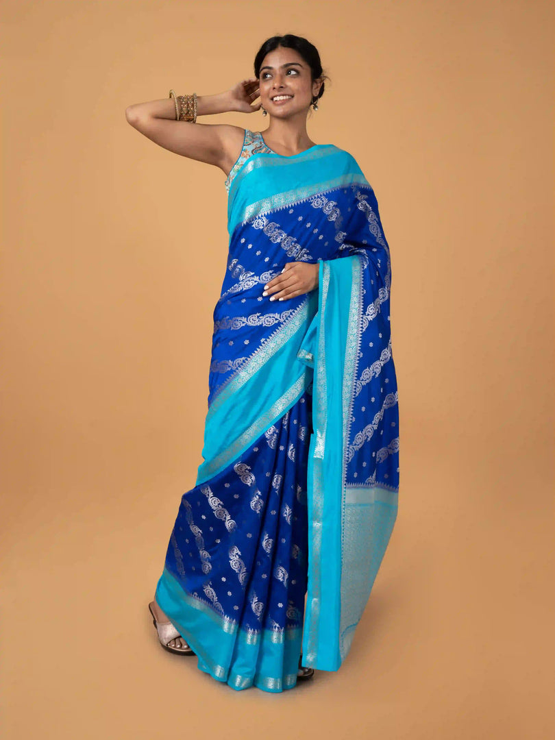 Banarasi Semi Katan Silk Saree In  Royal Blue With Sky Blue