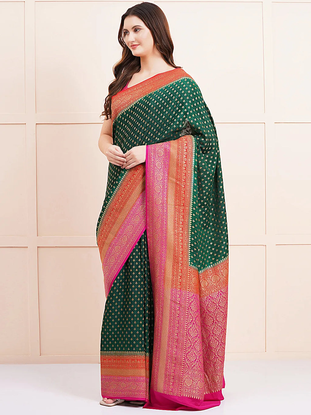 "Elegant pure Banarasi crepe silk saree with intricate designs, perfect for wedding wear and festive occasions, offering a luxurious feel and beautiful drape."