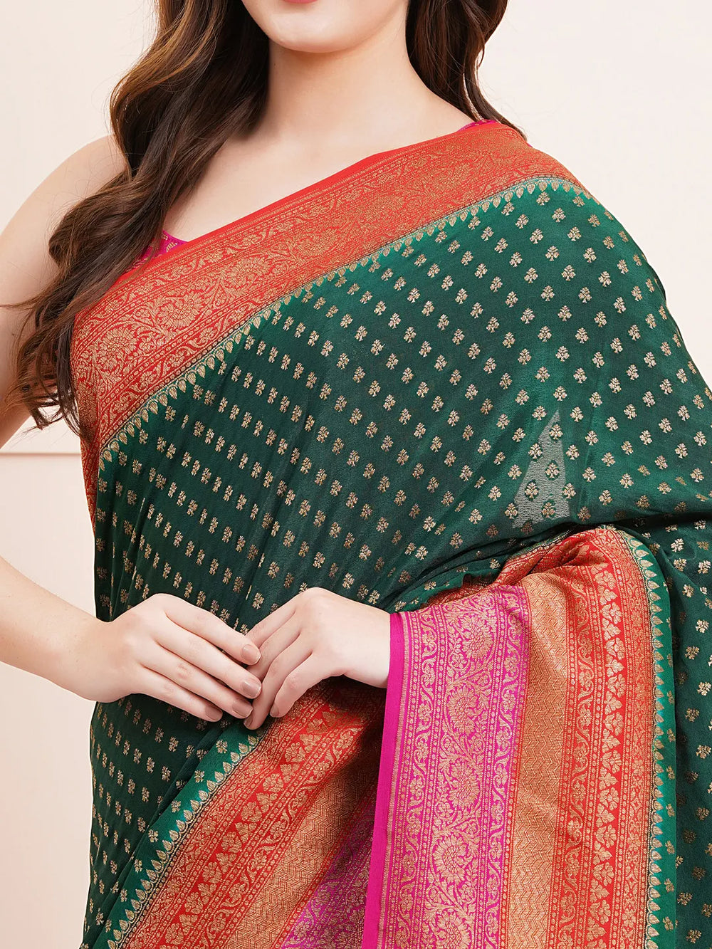 "Elegant pure Banarasi crepe silk saree with intricate designs, perfect for wedding wear and festive occasions, offering a luxurious feel and beautiful drape."