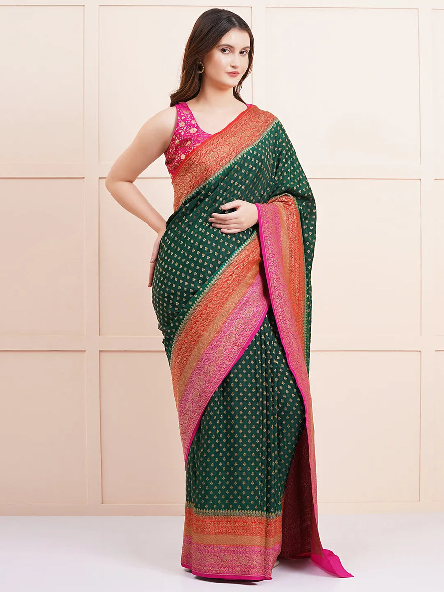 "Elegant pure Banarasi crepe silk saree with intricate designs, perfect for wedding wear and festive occasions, offering a luxurious feel and beautiful drape."