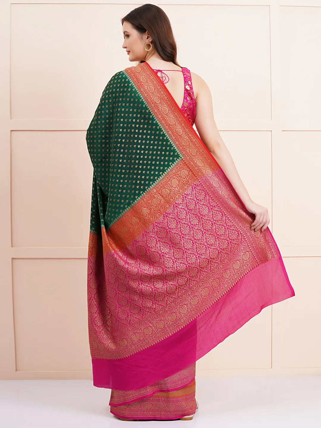 "Elegant pure Banarasi crepe silk saree with intricate designs, perfect for wedding wear and festive occasions, offering a luxurious feel and beautiful drape."