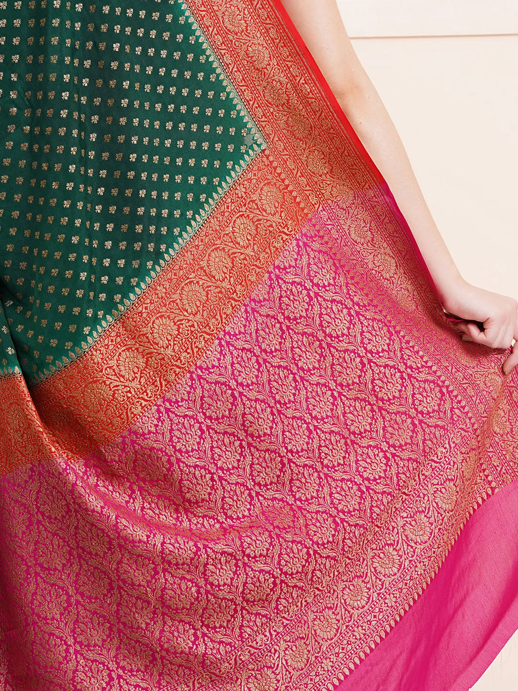"Elegant pure Banarasi crepe silk saree with intricate designs, perfect for wedding wear and festive occasions, offering a luxurious feel and beautiful drape."
