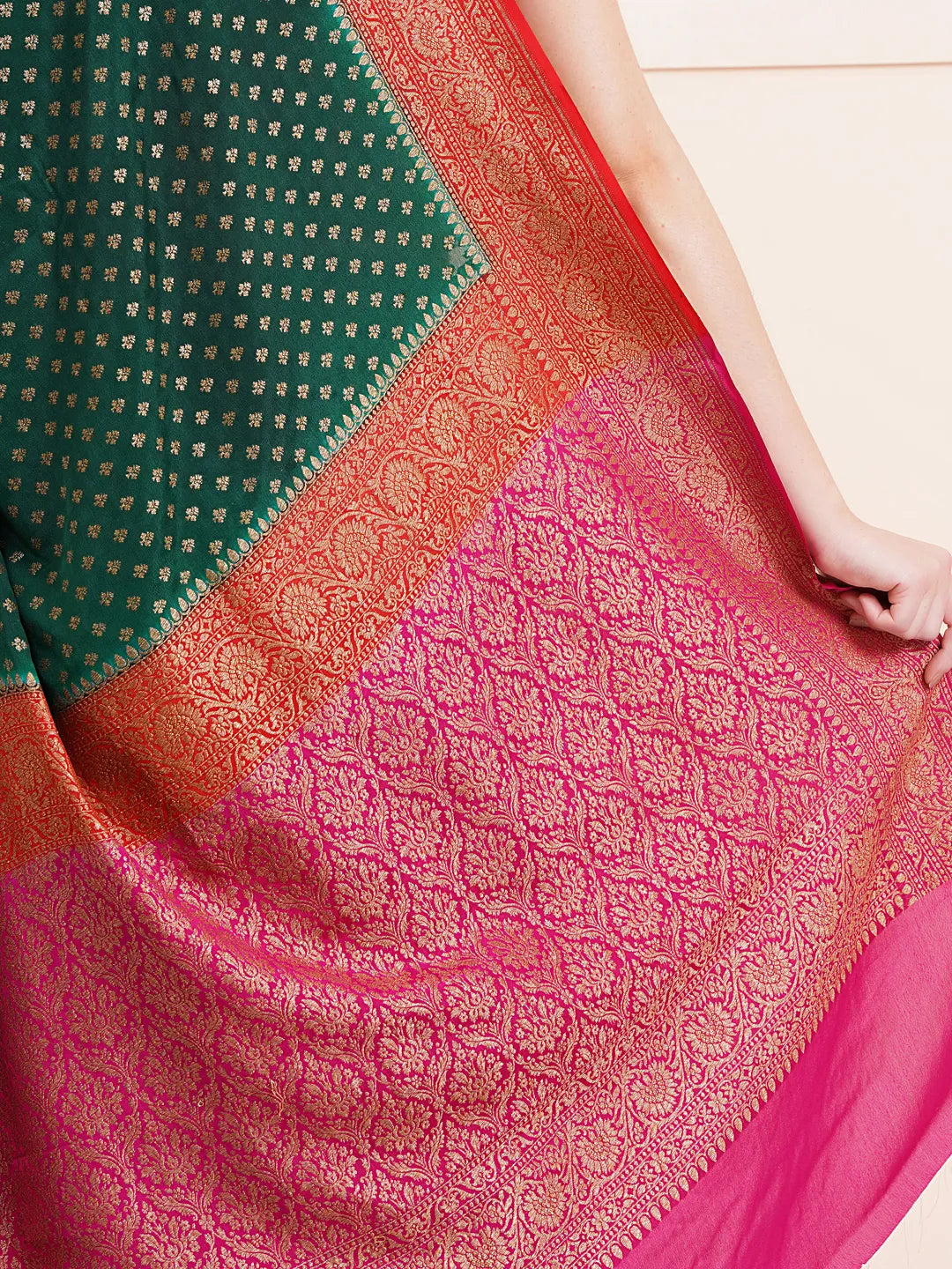 "Elegant pure Banarasi crepe silk saree with intricate designs, perfect for wedding wear and festive occasions, offering a luxurious feel and beautiful drape."