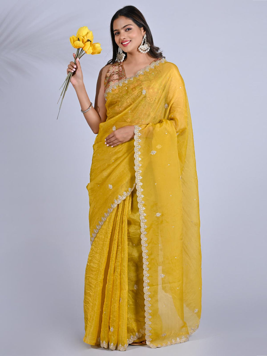 Party Wear Smooth Paper Silk Saree- Crush Embroidery