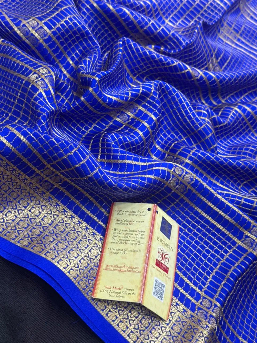 Handwoven Pure Mysore Silk Saree with Royal Chex Pattern (Chamundi)